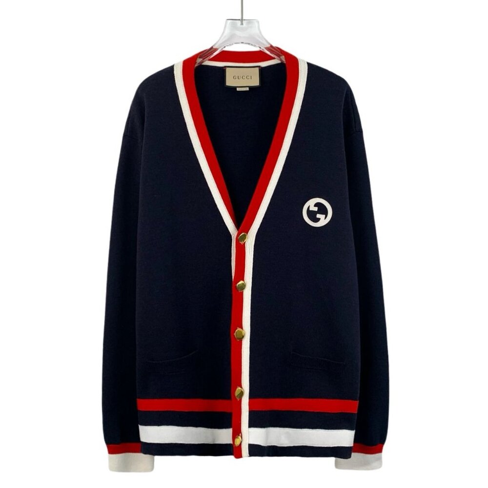 DW0131 Gucci Navy Wool Cardigan With Red & White Trim Gold Buttons Logo